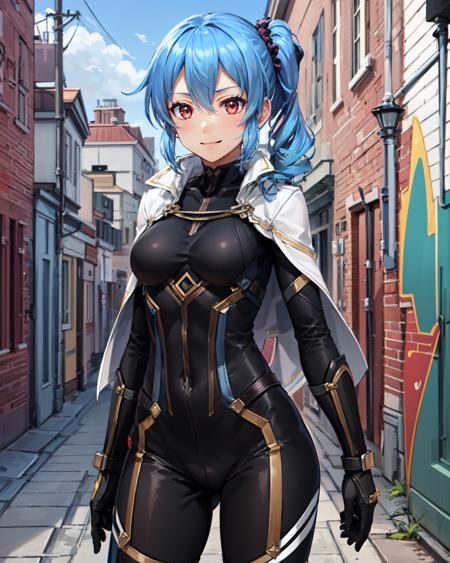 best quality, (masterpiece:1.2), illustration, absurdres,
(1girl), (solo), (beautiful detailed girl),  cowboy shot,,
<lora:ClaireIronblood-08:0.8>, blue hair, side ponytail, scrunchie, red eyes, medium breasts,
black bodysuit, skintight bodysuit, white capelet, white waistcloak,
looking at viewer, gentle smile,
(brick wall:1.1), (graffiti:1.1), alleyway, alley, sky, clouds, run down buildings,