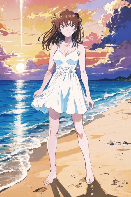 best quality, ultra high res, 1girl, asuka, full body, scenery, smile, ocean, sunset, city, barefoot, footprints, sand, white dress, wet clothes,