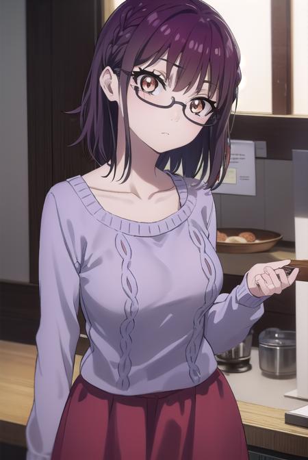 sumikafujimiya, <lora:sumika fujimiya s1-lora-nochekaiser:1>,
sumika fujimiya, (brown eyes:1.5), purple hair, braid, glasses, semi-rimless eyewear, under-rim eyewear,
BREAK sweater, long sleeves, collarbone, skirt, purple skirt,
BREAK indoors,
BREAK looking at viewer, (cowboy shot:1.5),
BREAK <lyco:GoodHands-beta2:1>, (masterpiece:1.2), best quality, high resolution, unity 8k wallpaper, (illustration:0.8), (beautiful detailed eyes:1.6), extremely detailed face, perfect lighting, extremely detailed CG, (perfect hands, perfect anatomy),