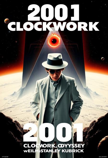 Design a striking and surreal movie poster for 2001: CLOCKWORK ODYSSEY, a blend of Stanley Kubrick’s iconic films A Clockwork Orange and 2001: A Space Odyssey. In the foreground, feature Alex from A Clockwork Orange in his classic white outfit, bowler hat, and disturbing single eyelash. He stands against a backdrop of space, with the HAL 9000 red eye ominously glowing in the distance. The monolith from 2001 looms behind him, while elements of the dystopian, urban world of Clockwork Orange are subtly integrated into the vast, sterile spacescapes of 2001. The color palette should feature the warm oranges and blacks of Clockwork Orange contrasted with the cool whites and blues of 2001. At the top or bottom of the poster, boldly display the title 2001: CLOCKWORK ODYSSEY, fusing the typography styles of both films. Below the title, add: ‘A Film by Stanley Kubrick,’ to highlight the legendary director’s vision