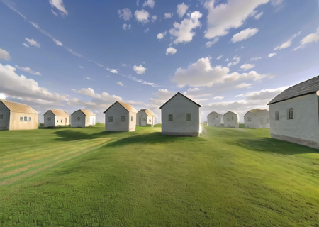 a group of houses in a field with a sky background, <lora:Level94-10:0.90>