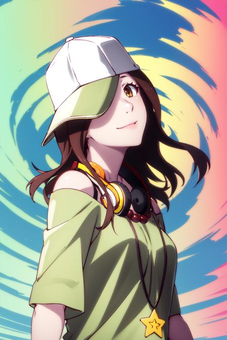 <lora:gaen-izuko-v2:1> gaenizuko, 1girl, solo, hat, long hair, brown hair, brown eyes, headphones, headphones around neck, baseball cap, green shirt, off-shoulder shirt, necklace, hair over one eye, smile, jewelry, off shoulder, bare shoulders, looking at viewer, wristband, star (symbol), hat over one eye, shirt