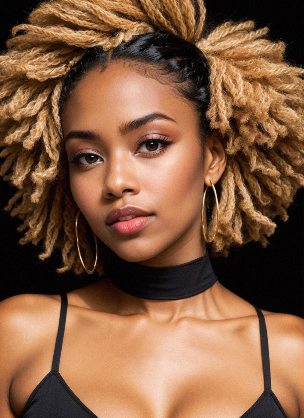 A woman with blonde braids wearing a black and gold necklace and earrings.