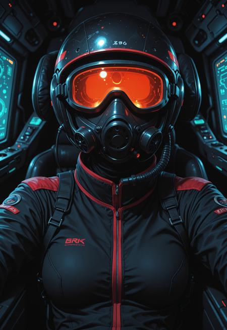 portrait, solo, 1girl, black helmet, pilot helmet, head-mounted display, oxygen mask, red trim, black jumpsuit, military, posing, sitting, cockpit, LED display, neon consoles, dark, darkness, BREAK, high_quality, highres, detailed_eyes, beautiful, detailed, masterpiece, best quality, absurdres, 8k, HDR, 