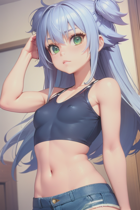 Sora tenkūji, gray hair, green eyes, bangs, messy hair, slim waist, slim body, small breast