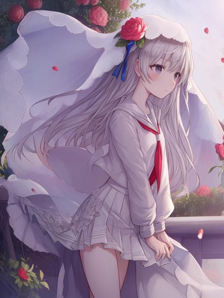 (Masterpiece, best quality:1.4), (ultra-detailed),illustration,depth of field,ray tracing, beautiful detail eyes, 1girl, solo,flying petals, realistic,(white serafuku),the veil with flower,flower garden,hikari \(arcaea\),arcaea,outdoors, silver hair,