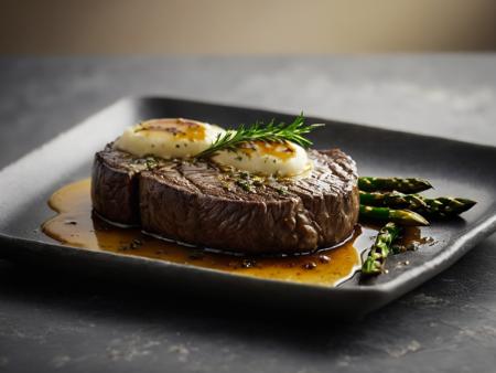 cinematic photography, RAW photo, closeup shot, very closeup on subject, side view, ground shot, perfect round medallion of fillet mignon steak, (uncut:2), well marbled, cooked rare, perfectly browned all around, ((dark caramelization on the top surface of the steak)), nice char, (pat of garlic herb butter (on top) of the steak), (au jus:1.5), with fluffy mashed potatoes and grilled asparagus, all sitting on gray stone plate, (steam rising from the food), ,bokeh, shallow depth of field, food photo, 8k, ultra sharp focus, intricate details, hyperrealism, DSLR, volumetric lighting, rim lighting, high quality, film grain, Fujifilm XT, SK_CINEMATIC, <lora:zavy-rmlght-sdxl:1> zavy-rmlght