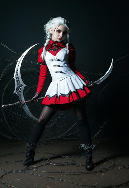 A girl in a white dress with black tights, in a red and silver color scheme, with a dark fantasy style, a full-body shot, surrounded by barbed wire, holding a large scythe, wearing black shoes, with white hair, in the style of cosplay photography art, in a front view, against a dark background, with a cute little face, in a cute cartoon design, a detailed character illustration, with detailed costumes, and black shadows on the ground, in a gothic style.,distressed expression.
