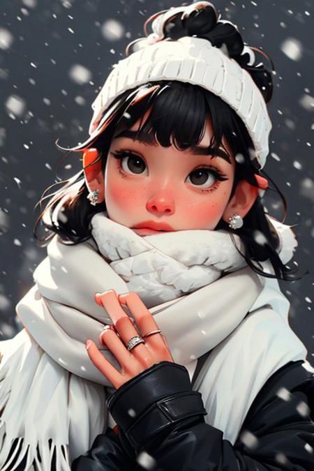 sam yang,
1girl, black eyes, black hair, covering mouth, earrings, jacket, jewelry, looking at viewer, multiple rings, portrait, ring, scarf, snowing, solo, white scarf
, ((masterpiece))
<lora:sam_yang_offset:1>