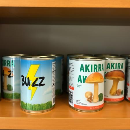A shelf with food cans on it. One can is labeled "BUZZ" and has a picture of a lightning bolt on it. The rest are labeled "AKIRA" with pictures of mushrooms on them.