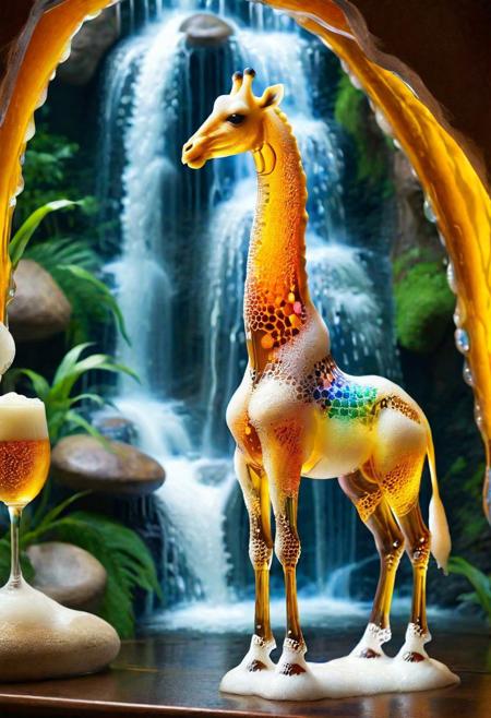 macro photo, a beautiful translucent glass giraffe that glows within, glowing lights, beautiful waterfall , made out of multicolored transparent delicate glass, magical sparkles,vibrant whimsical colors <lora:ral-beer:1> made of ral-beer