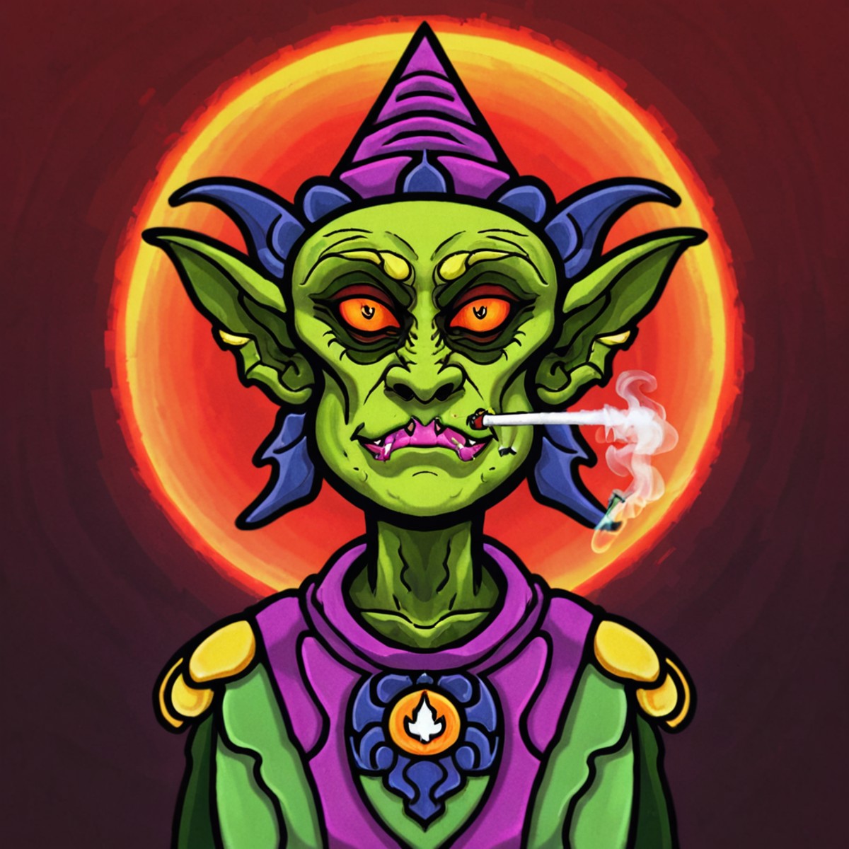 boondogglestyle, a surreal digital art rendering of an ornate goblin wizard alien circle square smoking man, sunburn, pixe...