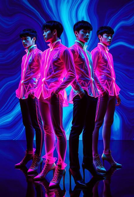 4 asian  Male models  , all identical but in different stances , crystallisation, schizophernia, bioluminescent Jem the Hologram, surreal psychedelic flowing avant-garde art by Yoh Nagao and Erik Madigan Heck and Alan Aldridge, 1980's new wave totally radical fashion.,side view, side eye, slot skirts , high heels.  Athletic
