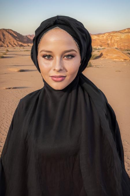 Renee Olstead, (woman:1.2), (female:1.2), (8k, RAW portrait photo, best quality, masterpiece:1.2), (realistic, photo-realistic:1.37), (highest quality), (black hijab:1.4), (in the desert:1.3), (black cloth cover full body:1.2), (morning:1.2), (sunrise:1.3), (show no skin:1.3), (black long dress:1.1),<lora:Renee-Olstead-v10:0.7>