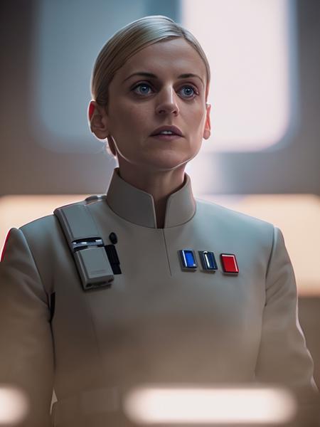 photo of (DedraMeero2:0.99), looking at the camera wearing white star wars imperial intelligence office uniform,  detailed face, realistic skin, high quality, (brown eyes:1.1), Leica 50mm, f1. 4, natural light, grainy, (high detailed skin:1.2)