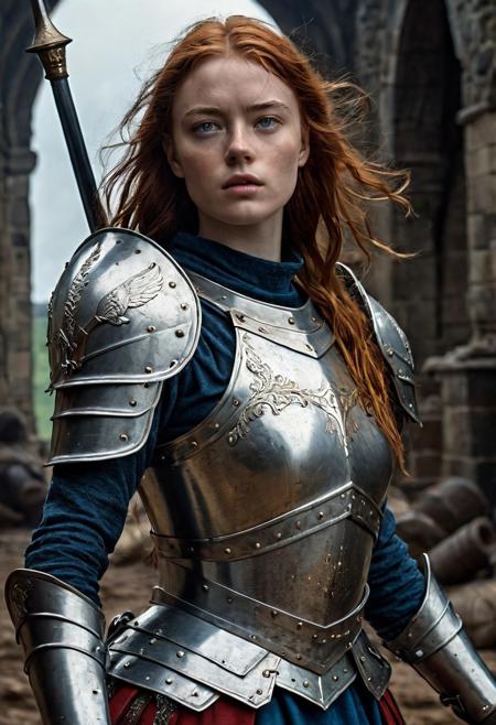 High resolution ultra-realistic of Beautiful Warrior Sadie Sink as Joan of Arc, 8k, capturing the intensity of the moment, cinematic lighting, standing on a bloody and stormy battlefield in bloody battle, wavy red hair, realistic dirty pale face, realistic blue eyes,  beautiful hourglass figure, burning in a medieval Town, intricately designed iron and silver armor, red mini skirt, Dark Ages Aesthetic, perfect athletic figure, beautiful Warrior Joan of Arc, fire, ultra realistic, cinematic style, vigorous and seductive, athletic figure, dark fantasy, dramatic lighting, wet and sweaty skin, dirty skin, athletic figure, dark fantasy, dramatic lighting, Greg Rutkowski style,, Warrior Joan of Arc on in iron armor, hyper-detailed, hyper-realistic, bright colours, Attractive 21 old years girl, Attractive, beautiful firm Breasts, sharp focus, digital painting, Photograph Taken on Nikon D750, Alphonse Mucha, 8K, athletic figure, Hyperdetailed, hyperrealism, Attractive, Attractive bust girl, asymmetric balance