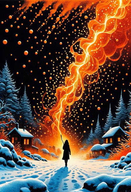 Silhouette Art, breathtaking detailed, masterpiece, lovely, charming, awe-inspiring, radiant, magnificent. (all dark hues and fine vibrant orange glowing smoldering accent and shiny gold color scheme:1.02). glossy.
<lora:InkArtXL_1.2:0.4> <lora:FaeTastic:0.35> . award-winning, professional, highly detailed . extremely high-resolution details, photographic, realism pushed to extreme, fine texture, incredibly lifelike, high contrast, well defined .
Silhouette, Pointillism multicolored pin point clumped needle thin dots grainy collage stencil texture style, Angled slanted 2 point perspective visual depth back shot pointillism gust white snow pointillism dot particles partially covering woman, cyan pointillism water dots dripping down smaller dot circles ceiling pointillism dot white icicles, orange glow emanating, wind gust snow dots pointillism white wind patterns, capturing motion, semi-realistic Minimalist vector illustration, futuristic, sharp angular designs, bold red background, intense expression, modern urban style, clean lines, high contrast between black, white, and red, sleek futuristic aesthetics.
