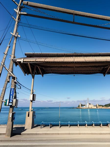 masterpiece, best quality, ultra-detailed, illustration,
shimonadaeki, outdoors, sky, scenery, ocean, horizon, power lines, cloud, blue sky, sunset, utility pole,  train station
 <lora:shimonadaeki:1>