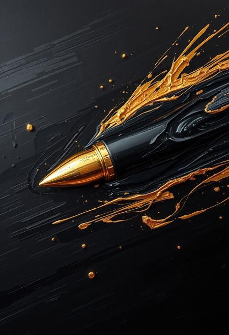 A hyper-stylistic, extremely detailed image depicts a breathtaking painting, crafted from a combination of smeared black and gold metallic paint. A whizzing bullet is captured in a streaked motion, as if it is moving rapidly in one direction. The black paint is applied in bold, dynamic strokes, creating a sense of energy and movement that is contrasted beautifully by the golden accents. The gold paint is used to highlight the bullets features, adding a sense of depth and dimensionality to the image. The overall effect is one of breathtaking, surreal dynamism, as if the viewer has captured a fleeting moment in time. Every detail of the image is meticulously crafted, from the delicate, swirling patterns of the gold paint to the intricate, textured patterns of the black paint. The contrasts between light and dark, color and texture, create a sense of tension and energy that draws the viewer in, inviting them to explore the kinetic world of the painting. highest-Quality, intricate details, visually stunning, Masterpiece
