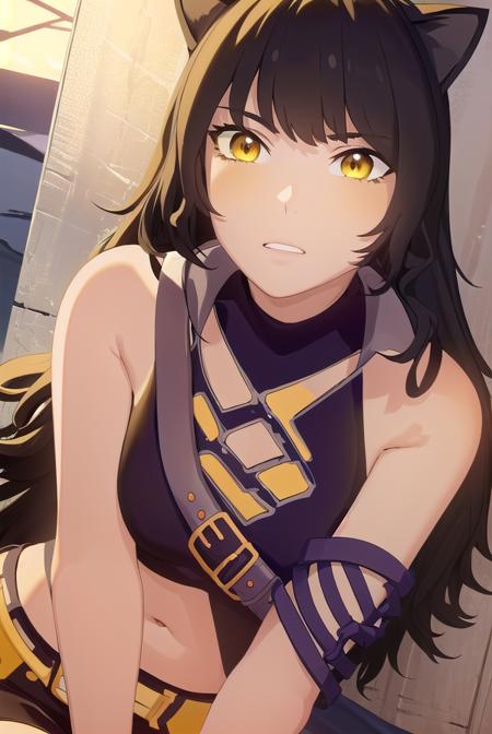 blake, blake belladonna, long hair, black hair, (yellow eyes:1.5), bow, hair bow, black bow, long hair, bangs, blake, blake belladonna, long hair, black hair, (yellow eyes:1.5), long hair, bangs, animal ears, cat ears, navel, midriff, belt, jacket, white jacket, long sleeves, open clothes, halterneck, criss-cross halter, pants, black pants, navel, midriff, belt, halterneck, criss-cross halter, bare shoulders, bare arms, pants, black pants,