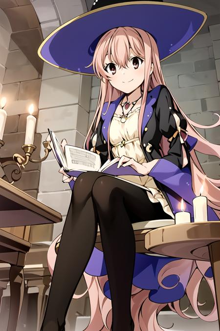 masterpiece, 1girl, wilbell voll-ersleid, starry witch hat, pantyhose, dress, grand library, sitting at table, reading a book, magic tome, smiling, bright, candles, magic circle, best quality