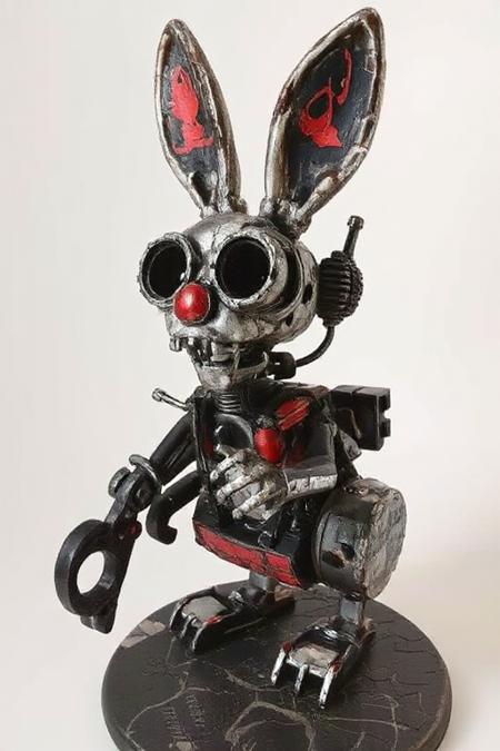 Detailed sculpture roughly painted and made of scrap parts, dieselpunk robot bunny death machine, post apocalyptic. UHD