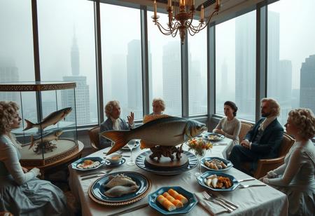 A surreal dining scene in a modern cityscape with large windows overlooking misty skyscrapers in a vintage style. Ornate glass cases hold oversized exotic fish, displayed like museum specimens, placed alongside blue ceramic plates of seafood arranged in an artistic manner. The setting features elegantly dressed people with powdered wigs and 18th-century attire, seated or standing around the table, admiring the display. The lighting is soft and diffused, emphasizing the pale tones of the decor and the ethereal atmosphere of the room. The overall mood blends vintage opulence with a modern surrealist twist