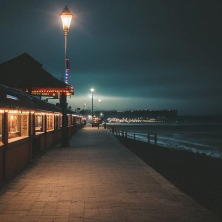 Near the seaside pier, at night, with a row of walkways and streetlights,raw photo, cozy, photorealistic, high detailed texture, 8k uhd, dslr, soft lighting, high quality, film grain, Fujifilm XT3, highly detailed photography, (muted colors, cinematic, dim colors, soothing tones:1.2), vibrant, insanely detailed, hyperdetailed, (dark shot:1.2), (vsco:0.3), (intricate details:0.9), (hdr, hyperdetailed:1.2)