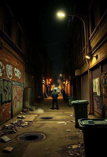 Urban street scene at night, chaotic city energy, dim streetlights flickering, graffiti-covered walls, overflowing trash bins, broken concrete, smoke rising from manholes, abandoned buildings, gang members lurking in shadows, tense atmosphere, danger in the air, inner-city ghetto vibes, raw and gritty, dirty back alleys, torn posters, street tags, crime-ridden environment, hostile energy, realistic cinematic lighting, hood culture, enemy territory