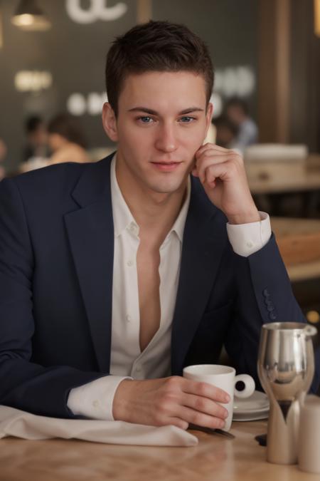 photo of sc_joey  <lora:sc_joey_twink-07:0.5> sitting at a table in a restaurant looking at the viewer, wearing a navy blazer, Ted Baker shirt, holding a coffee cup