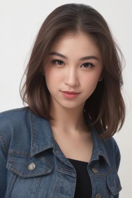 (tanktop, jeans,denim jacket), collar bone, collar cocker, perfect face shape, (perfect eyes, bright eyes, downing eyes, perfect eyes looking, downing eyes),{smirk|parted lips,teeth}), cleavage, (medium breast:1.2), looking at viewer, (shiny skin, pale skin, clear skin), (medium bob hair : 1.2), focus on face, ((white background, simple background)), (make up, blush), (dinamic pose, profesional model pose, naughty pose)