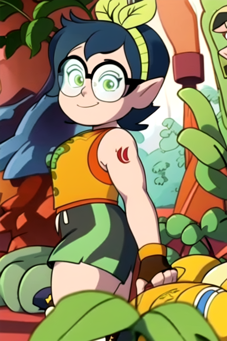 masterpiece, best quality, <lora:willow_timeskip:1>, 1girl, solo, green eyes, smile, short hair, hairband, glasses, shorts, pointy ears, fingerless gloves, leaf, plant, sleeveless, yellow shirt, looking at viewer,