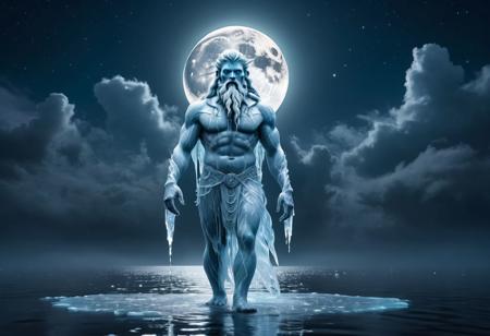 Ultra high-quality photograph of an ice god, looking at viewer, walking on the water at night under a full moon background, mystical, ethereal, cinematic, detailed, mystical lighting,  8k resolution