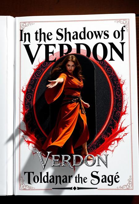 Create a book cover called ("In the Shadows of Verdon"), the letters of the title are cast as a dark shadow on the page coming from afar, the cover is white, in the middle of the book there is a beautiful Summoner brunette woman in fantasy wizard orange clothing being pulled into a black portal with a red edge, there is extreme foreshortening as she extends her arm towards the viewer while her body is pulled inside the black portal with the red outline.  The book cover has vivid colors with a color silver and white and red color pallette very well rendered and extremely detailed, at the bottom are the name of the author ("Toldanar the Sage") written in english with a fancy French font surrounded by magical runes