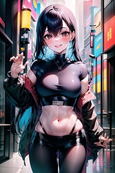 art by JellyTits, 1girl, blue_hair, long_hair, red_eyes, intricate eyes, detailed eyes, eye_focus,  black_jacket, cyberpunk, smile, standing,  black_leggings, pink_shorts,  <lora:JellyTitsV2:1>