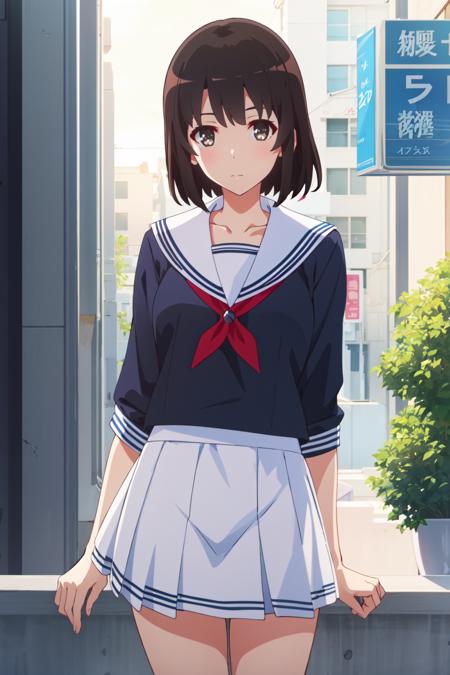 <lora:anime_screencap_v2:0.3> tall body, tall, long legs, mature female, mature, adult, <lora:GoodHands-beta2:1.4>,
 <lora:eft_sae_main-02:0.8> eft_saekano_main, 1girl, katou megumi, solo, brown eyes, brown hair, school uniform, bangs, looking at viewer, white sailor collar, short hair, collarbone, closed mouth, serafuku, skirt