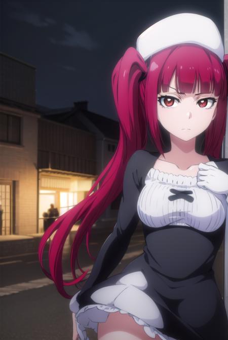 riruka dokugamine, long hair, twintails, (red eyes:1.5), purple hair, bangs, blunt bangs, thighhighs, hat, maid, long sleeves, gloves, dress, black dress, skirt, black skirt, collarbone,