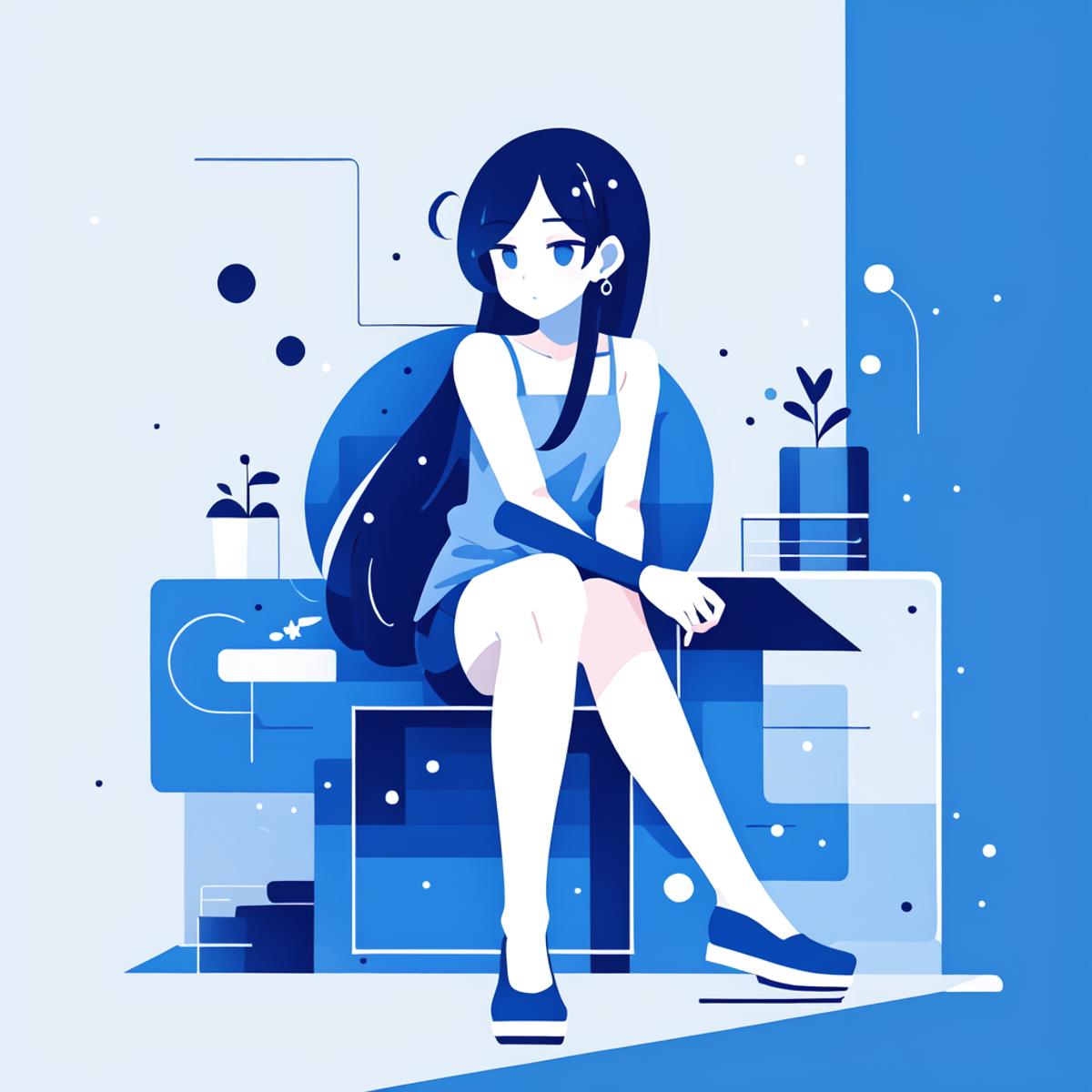 A cute blue girl sitting on a blue chair with her legs crossed.