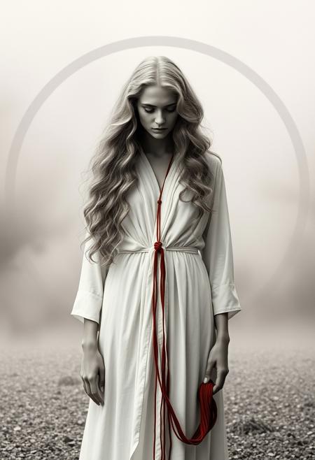 Symmetrical composition, full shot of Ariadna ((blond wavy long hair)) and the red thread, standing pose, white robe, greek mythology, grotesque environment, extremely beautiful, sepia black and white, foggy and misty perfect big circle at the background, by Joel Peter Witkin, photography style, low contrast