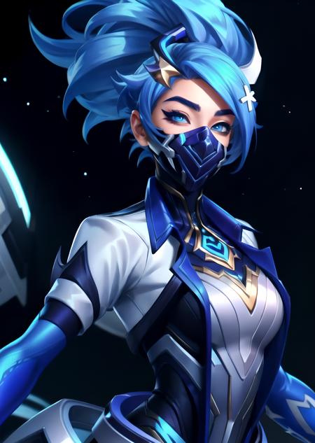 Akali drx, 1girl, solo, long hair, blue eyes, hair ornament, blue hair, jacket, upper body, ponytail, shiny hair, star hair ornament, space, (dynamic pose:1.3), cowboy shot, looking at viewer, (masterpiece:1.2, best quality), mouth mask, <lora:Akali_DRX_1:0.8>, short sleeves