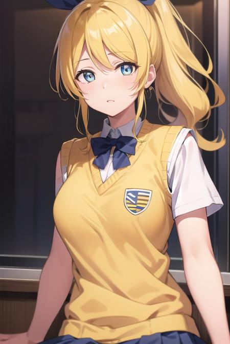 eliayase, <lora:eliayase-lora-nochekaiser:1>, 
eli ayase, yellow hair, blue eyes, ponytail, hair ribbon, 
BREAK otonokizaka school uniform, pleated skirt, school uniform, short sleeves, skirt, summer uniform, sweater vest, (yellow sweater vest:1.5),
BREAK looking at viewer,
BREAK indoors, classroom, 
BREAK <lyco:GoodHands-beta2:1>, (masterpiece:1.2), best quality, high resolution, unity 8k wallpaper, (illustration:0.8), (beautiful detailed eyes:1.6), extremely detailed face, perfect lighting, extremely detailed CG, (perfect hands, perfect anatomy),