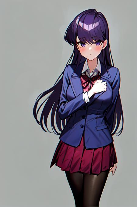 komi shouko, 1girl, bangs, black pantyhose, blazer, blue jacket, blush, bow, bowtie, breasts, closed mouth, collared shirt, commission, cowboy shot, diagonal-striped skirt, expressionless, grey background, highres, jacket, (komi-san wa komyushou desu), long hair, looking at viewer, medium breasts, pantyhose, pleated skirt, purple eyes, purple hair, red bow, red bowtie, red skirt, school uniform, shirt, skirt, solo, striped, striped bow, striped bowtie, striped skirt, swept bangs, white shirt  <lora:komi_shouko:0.55>