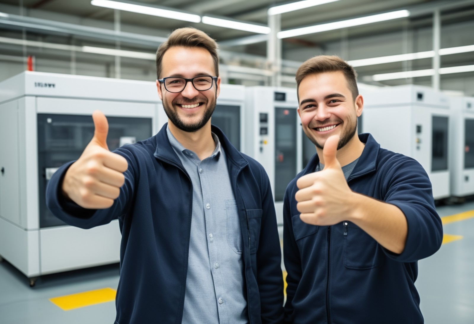 technician with IT worker, happy and smiling, thumbs up gesture against a background of printing machines. Photographic qu...
