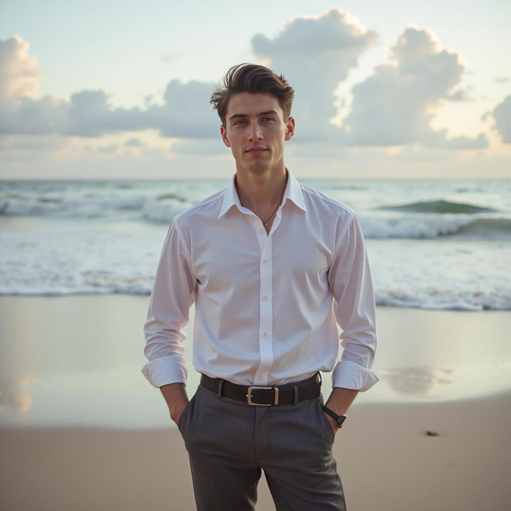 photo of young man, wearing formal clothes, at a beach with lapping waves and soft sand, clouds in the sky, soft warm light 