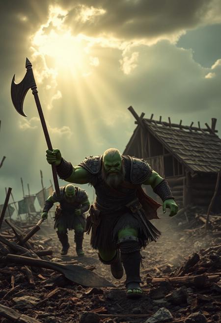 analog film photo hyperrealistic art ray of sunlight breaks through the clouds, musculated green-skinned Orcs-vikings  running amidst the ruins of a once-great village, reduced to ashes and rubble.  Armor is scorched, background is filled with the remnants of smoldering buildings, with the sky above heavy with dark, swirling clouds.Scorched wooden beams from collapsed structures protrude from the rubble, blackened and twisted by fire.Thin tendrils of smoke rise from smoldering piles of ash and debris, adding a sense of recent destruction.The skeletal remains of a Viking longhouse stand in the background, with its roof caved in and walls partially collapsed, viking banners bsckground, holding viking flag raised up in left hand, his expression filled with pride and sorrow as he gazes at,  cinematic, realism, huge size worn axe in right hand, without a beard, no beard, . extremely high-resolution details, photographic, realism pushed to extreme, fine texture, textured skin, remarkable detailed pupils, realistic dull skin noise, visible skin detail, skin fuzz, dry skin, shot with cinematic camera . faded film, desaturated, grainy, vignette, vintage, Kodachrome, stained, highly detailed,  Photorealistic, analog style, soft lighting, subsurface scattering, realistic, heavy shadow, masterpiece, best quality, ultra realistic, golden ratio, Intricate, High Detail, film photography, soft focus <lora:FluxDFaeTasticDetails:1>, (((many orcs around))), big white castle behind,