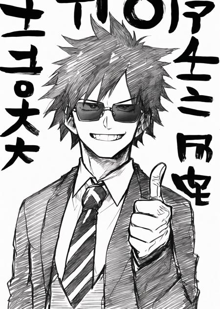 ((horikoshi)), a beautiful and detailed monochrome of a young guy in a suit, smug,[[smile]], simple background, black and white, tie,sketch, athletic, ((boku no hero academia)), epic, cool,japanese text, teeth, [sunglasses], lens flare, sunglasses down, thumbs up, one hand,solo
 <lora:horikoshi nai:1>