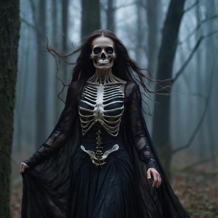 The Skeleton young Witch, flying, epoxy_skull, amidst a black swirling vortex in a dark, mystical forest. A beautiful woman with long hair stands, her figure draped in skeletal armor and an ethereal dress, engulfed by the swirling darkness. The scene is intensely cinematic, dominated by deep shadows pierced by subtle hints of light, crafting a dramatic interplay of darkness and luminescence. Wind, intensified to 1.2, weaves through the trees, enhancing her enigmatic silhouette, now surrounded by black smoke and the eye of a storm. Close-up on her sad expression, amidst sparkling embers and a billowing long piece of cloth, with a faint (intensity:0.5) hint of a Skeleton mask,