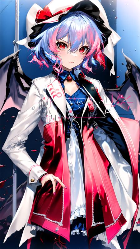 ((masterpiece)),best quality,extremely detailed,CG,unity,8k,wallpaper,art of light novel cover,highres,(((remilia scarlet))),(loli:1.5),1 girl,solo,(upper body),pink eyeshadow,High heel,curls hair,little_breasts,rose_flower_clothes,begonia_flower_clothes,lily_lower_clothes,(lace tights),card_issuance,((Staff|Jackets|Sweaters|Skirts|Dresses|Lolita|Wedding Dresses|Trench Coats|Coats|Robes|Tights|Suits|Vests|Bubble Skirts|Bloomers|Hats|Collars)),(white high heels),((((white and blue and black and red and pink:1.2)))),wavy mouth,(magazine cover), ((curvy)),((white)),((black)),<lora:kodama_GS no card frame0.8>