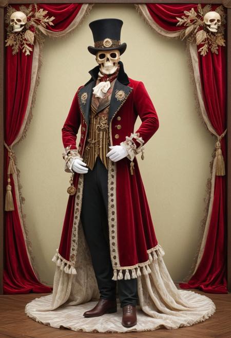 Lace,
Steampunk character in a floor-length velvet coat, gold tassels, embroidered snowflakes, leather top hat with skull emblem, red-and-white striped details, ruffled scarf, and feathered accents.  Cast bronze surface, vibrant complimentary colors, antique patina finish, contrasting colors, balanced tones.