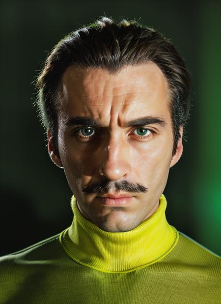 ( <lora:ChristopherLee:1>) close up Portrait photo of (cl1) a man with short hair, mustache, Detailed face, (perfect green eyes), (realistic matte skin:1.1), perfect body, wearing ((neon yellow turtleneck)), Modelshoot style, Professional Photography, soft lighting, PHOTOREALISTIC, Realistic, standing in dark studio background, blurred background, volumetric fog,. RAW, analog style, sharp focus, 8k, HD, DSLR, high quality, Fujifilm XT3, film grain, award winning, masterpiece,